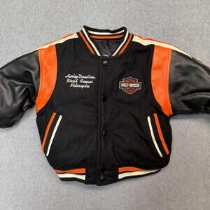 Harley Davidson Reversible Size 2T Orange Black Wool Leather Biker Jacket